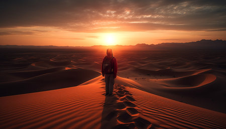 Walking on sand dunes, admiring tranquil sunset generated by artificial intelligenceの素材