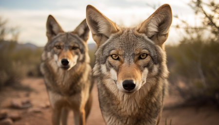 Gray wolf looking at camera in winter forest generated by artificial intelligenceの素材