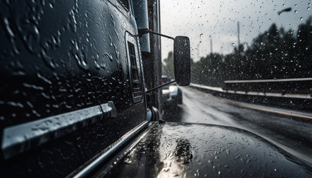 Driving through city traffic, raindrops blur motion generated by artificial intelligenceの素材