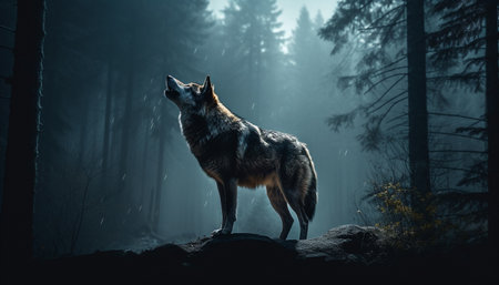 Majestic wolf standing in spooky forest silhouette generated by artificial intelligenceの素材