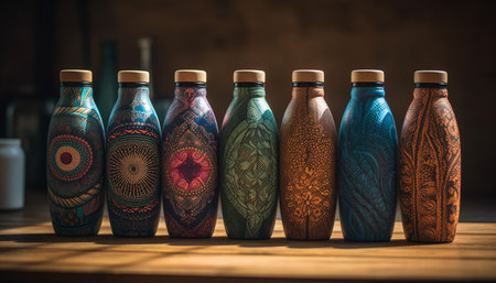 Vibrant colors adorn old fashioned wine bottle collection generated by artificial intelligenceの素材