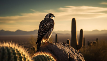 Majestic hawk perching on branch at sunset generated by artificial intelligenceの素材