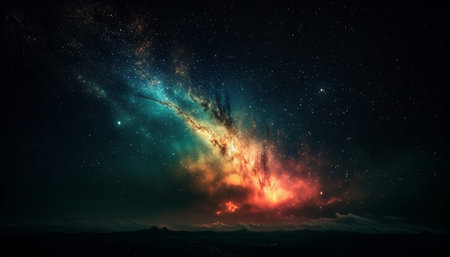 Glowing star trail orbits Milky Way galaxy generated by artificial intelligenceの素材
