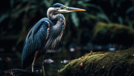 Gray heron standing on branch, fishing peacefully generated by artificial intelligenceの素材