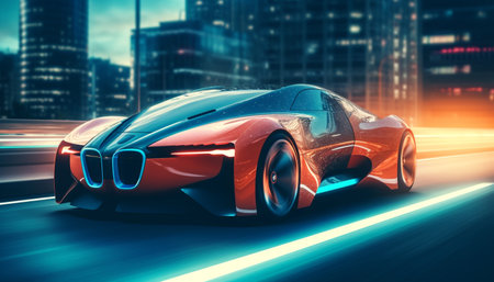 Shiny sports car glows on dark night generated by artificial intelligenceの素材