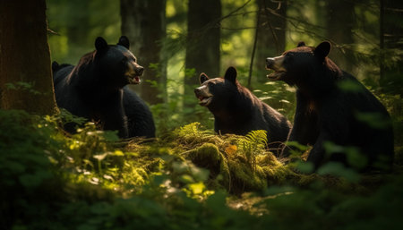 Endangered feline family walking through lush forest generated by artificial intelligenceの素材