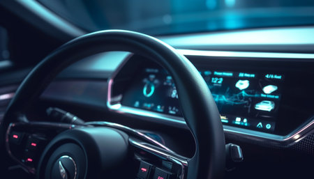 Luxury car interior illuminated with shiny technology generated by artificial intelligenceの素材