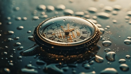 Wet drop on glass reflects world map discovery generated by artificial intelligenceの素材