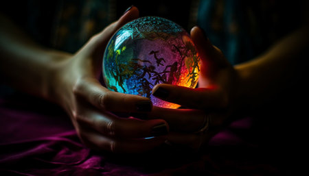 Glowing sphere held by human hand illuminates Earth generated by artificial intelligenceの素材