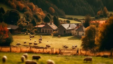 Tranquil scene of cows grazing in meadow generated by artificial intelligenceの素材