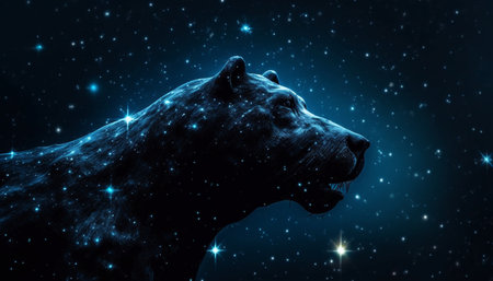 Majestic feline silhouette watches bright star pattern generated by artificial intelligenceの素材