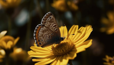 Vibrant butterfly pollinates delicate daisy in sunlight generated by artificial intelligenceの素材