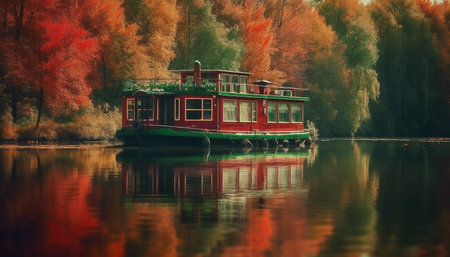 Transportation on water, reflecting autumn beauty generated by artificial intelligenceの素材
