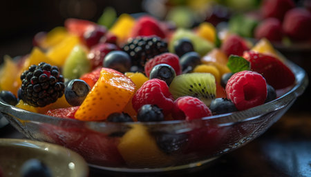 Fresh fruit salad with berries, melon, and kiwi generated by artificial intelligenceの素材