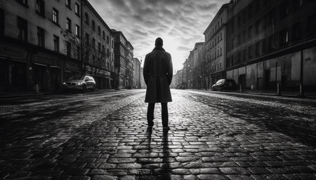Silhouettes of city dwellers walking in solitude generated by artificial intelligenceの素材
