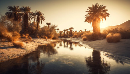 Sunset silhouette palm trees, water, and sky generated by artificial intelligenceの素材