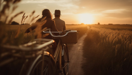 Sunset cycling two men, two women, love generated by artificial intelligenceの素材