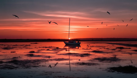 Silhouette of seagull flying over tranquil sunset generated by artificial intelligenceの素材