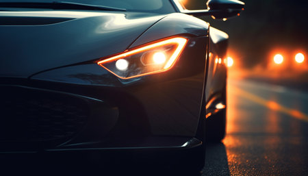 Luxury sports car speeds through city traffic generated by artificial intelligenceの素材