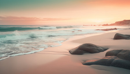 Sunset over tranquil seascape, a tropical paradise generated by artificial intelligenceの素材