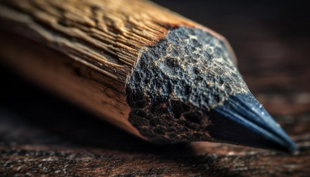 Old fashioned pen on wooden desk writes literature generated by artificial intelligenceの素材