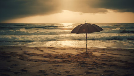 Sunset over tranquil seascape, a tropical paradise generated by artificial intelligenceの素材