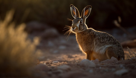 Fluffy hare sitting in grass, alert and cute generated by artificial intelligenceの素材