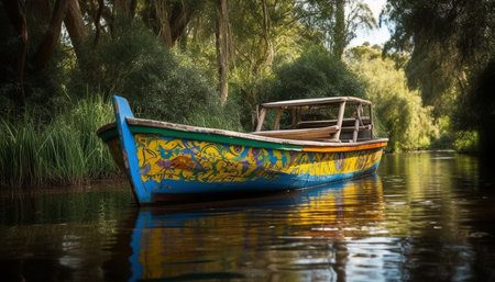 Rowboat glides on tranquil pond, surrounded by forest generated by artificial intelligenceの素材