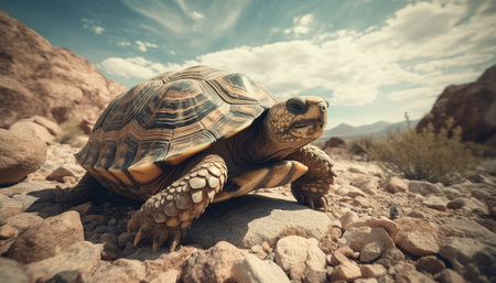 Slow turtle crawling on rock, beauty in nature generated by artificial intelligenceの素材