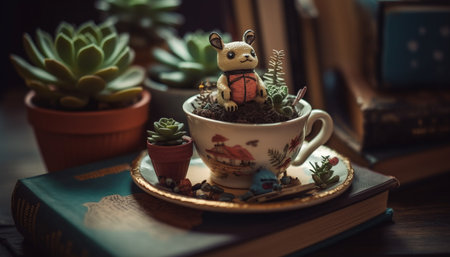 Rustic flower pot on wooden table indoors generated by artificial intelligenceの素材