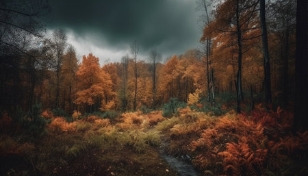 Tranquil autumn forest, vibrant leaves, golden sunlight generated by artificial intelligenceの素材