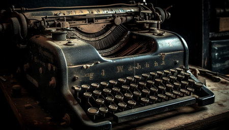 Rusty typewriter keys spell out nostalgic message indoors generated by artificial intelligenceの素材