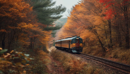 Steam train speeds through tranquil autumn forest generated by artificial intelligenceの素材