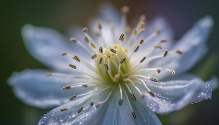 Fresh dew drops on purple daisy petals generated by artificial intelligenceの素材