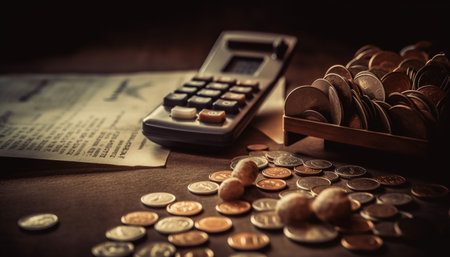 Stacks of currency on table signify wealth generated by artificial intelligenceの素材