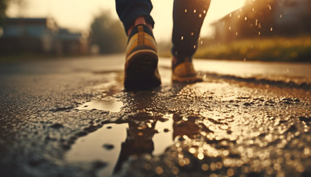 Running athletes splash through wet city streets generated by artificial intelligenceの素材