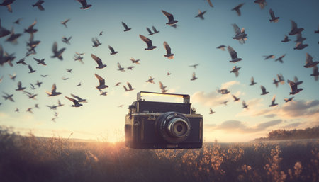 Photographer captures seagull in flight at sunset generated by artificial intelligenceの素材