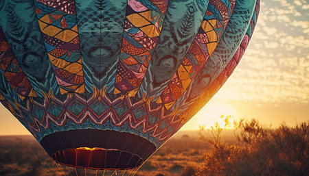 Flying hot air balloon, vibrant colors, adventure generated by artificial intelligenceの素材