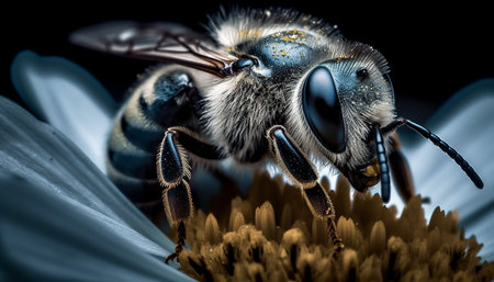 Small striped bee pollinating flower in summer generated by artificial intelligenceの素材