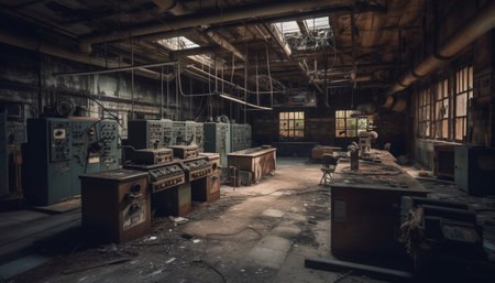 Abandoned factory with rusty metal equipment inside generated by artificial intelligenceの素材