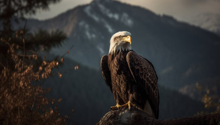 Majestic bald eagle perching on tree branch generated by artificial intelligenceの素材