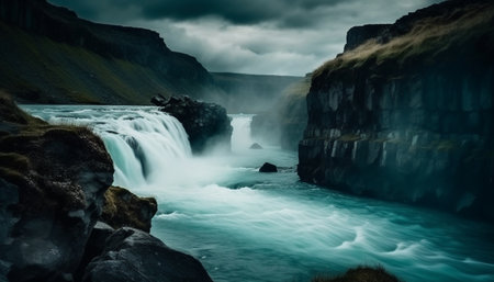 Majestic mountain range, flowing water, autumn sunset generated by artificial intelligenceの素材