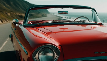 Vintage convertible sports car driving towards adventure generated by artificial intelligenceの素材