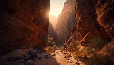 Majestic mountain peak, eroded stone, tranquil scene generated by artificial intelligenceの素材