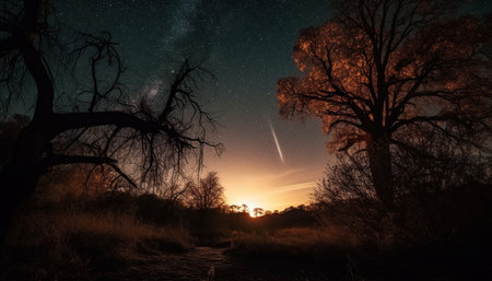 Glowing star trail illuminates spooky forest silhouette generated by artificial intelligenceの素材