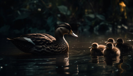 Close up of cute duckling swimming in pond generated by artificial intelligenceの素材