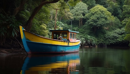 Tranquil scene of fishing boat on reflection generated by artificial intelligenceの素材