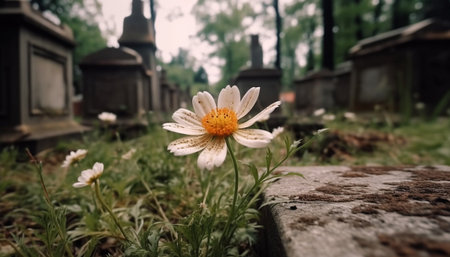 Fresh daisy blossom in tranquil meadow landscape generated by artificial intelligenceの素材