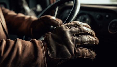 Men driving leather clad car with sport gloves generated by artificial intelligenceの素材