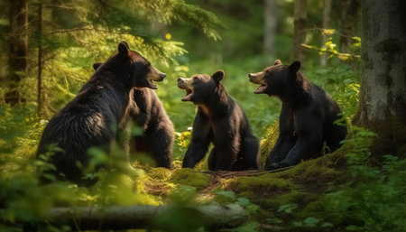Cute mammal family playing in green meadow generated by artificial intelligenceの素材